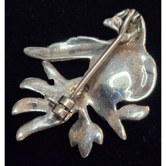 Vintage Sterling Silver, Onyx, Ruby and Marcasite Bird Brooch - Picture 4 of 5